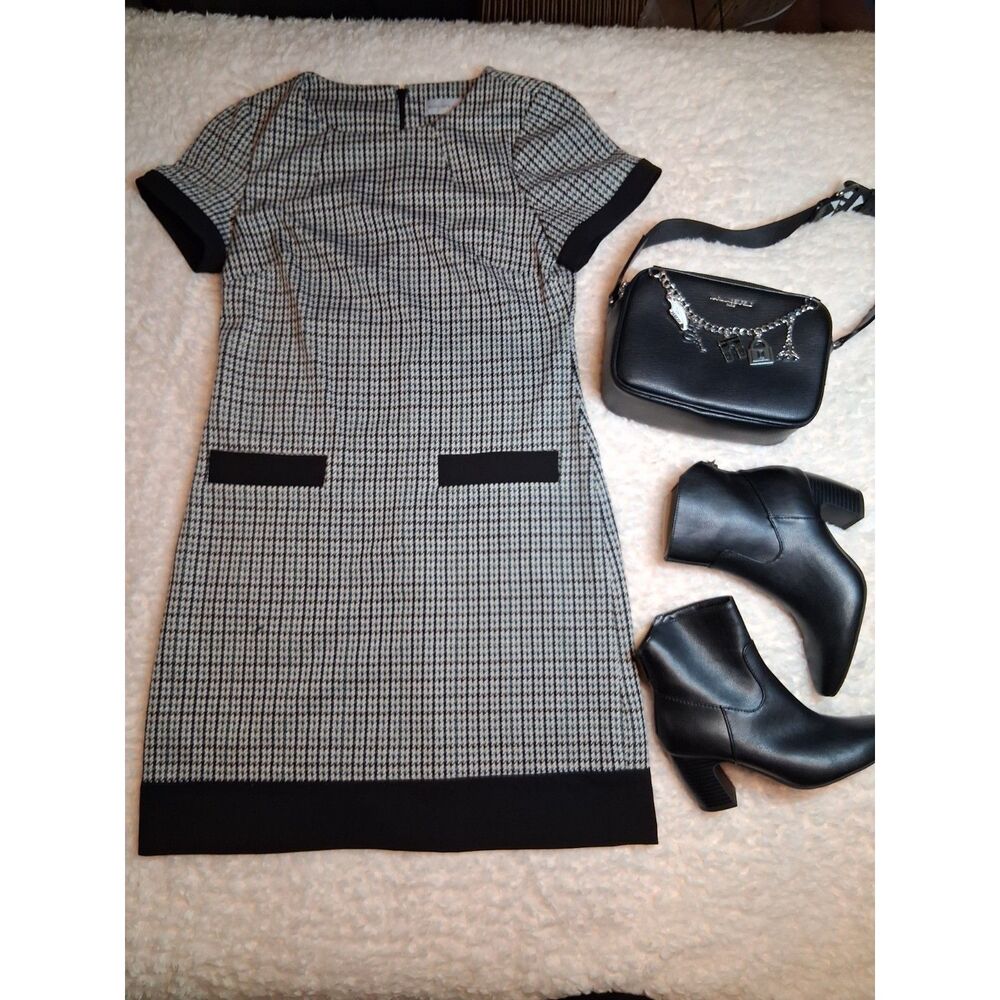 Marc New York Women’s 6 Black Tan Houndstooth Short Sleeve Sheath Dress NWT